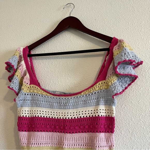Sincerely Jules Boho Rainbow Stripe Crochet Flutter Sleeve Crop Top Size Small - Picture 6 of 11